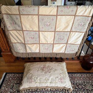 Shabby Tapestry Throw Tassel Pillow Set Beige Cover Floral Embroidered Vintage